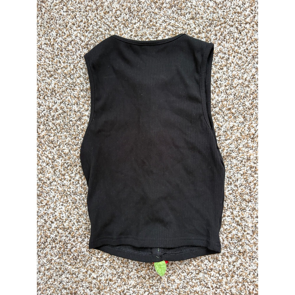 Three Hole Punch Roses Rib Tank Black Ribbed Crop Small Black 3D Rosette Floral - Picture 5 of 5
